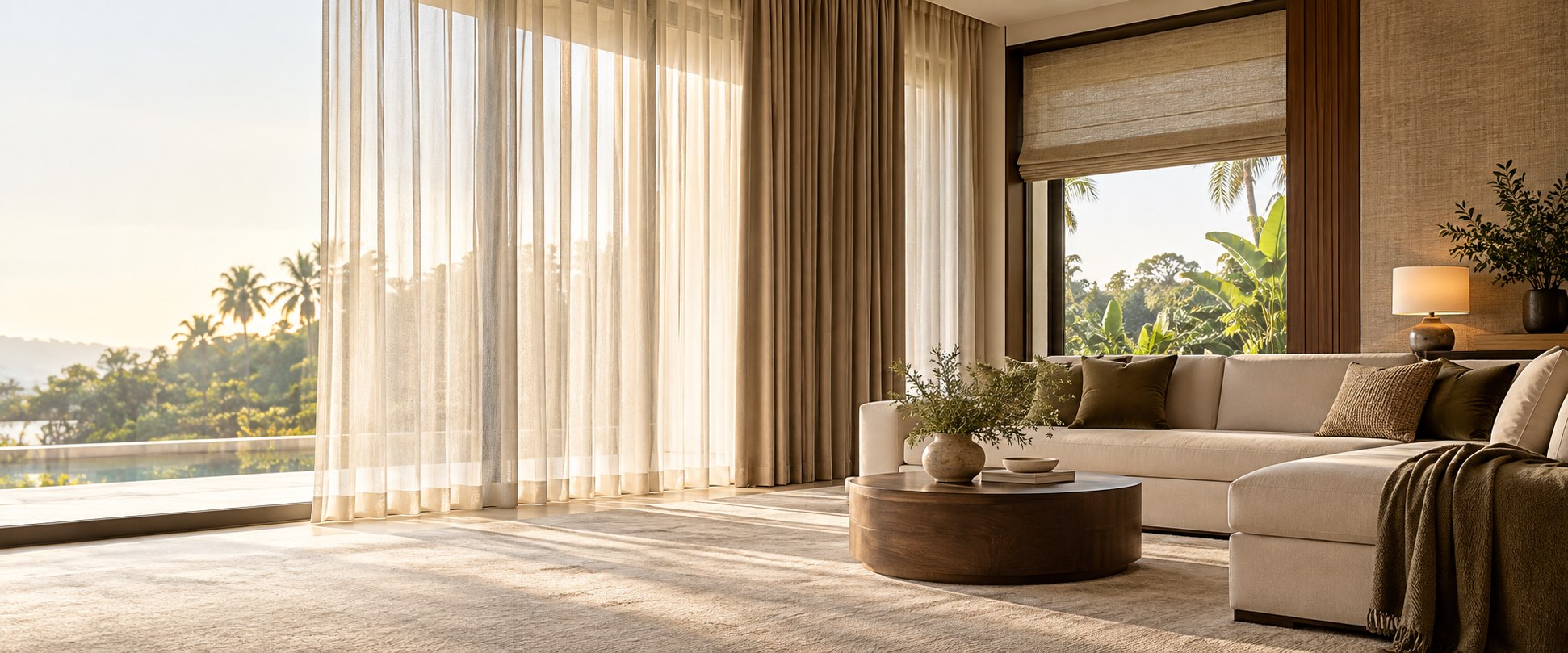Interior premium dengan tirai dan roman shades